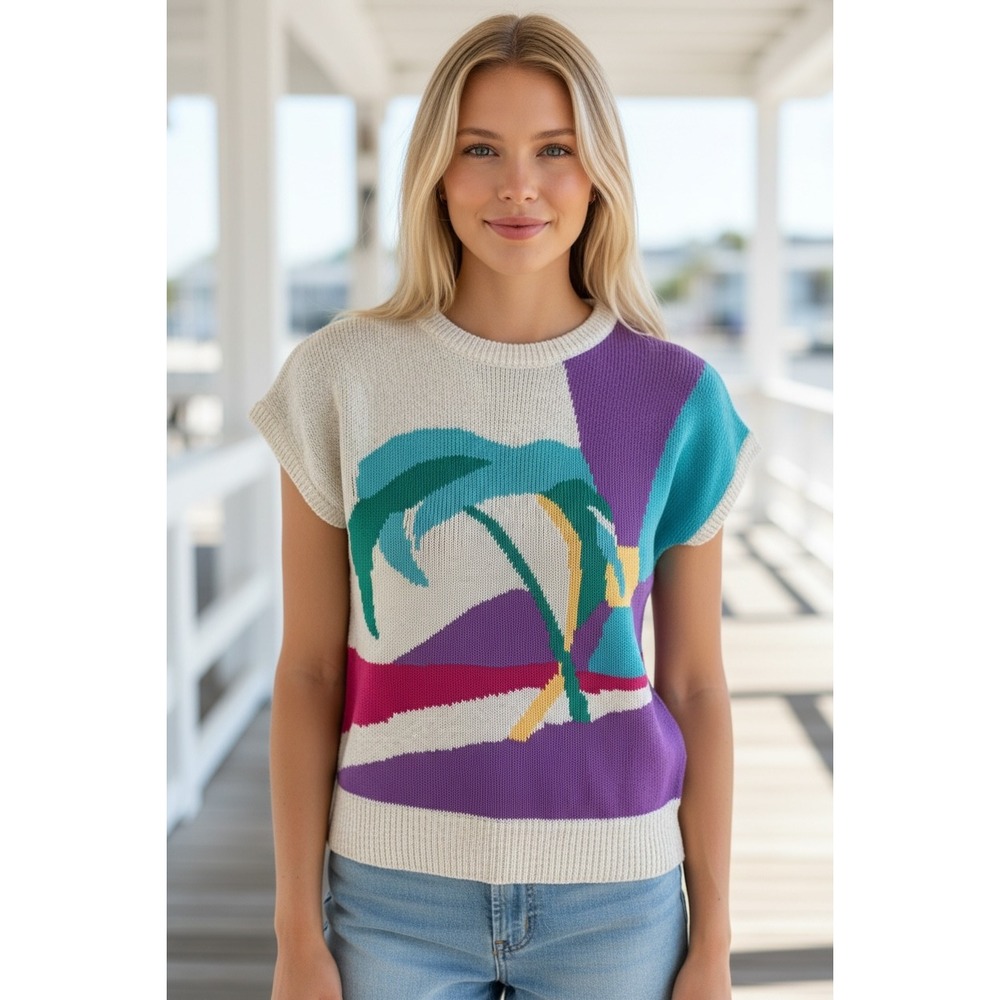 Genesis Vintage Palm Tree Graphic Short Sleeve Sweater White Purple M RN 43828